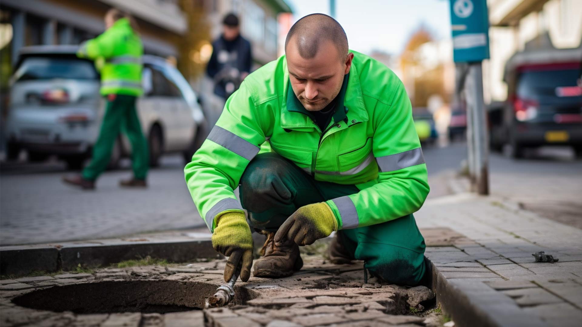 Freundlicher Mitarbeiter von Uni Roka Rostock kniet am Boden auf der Straße, Kanalmonteur