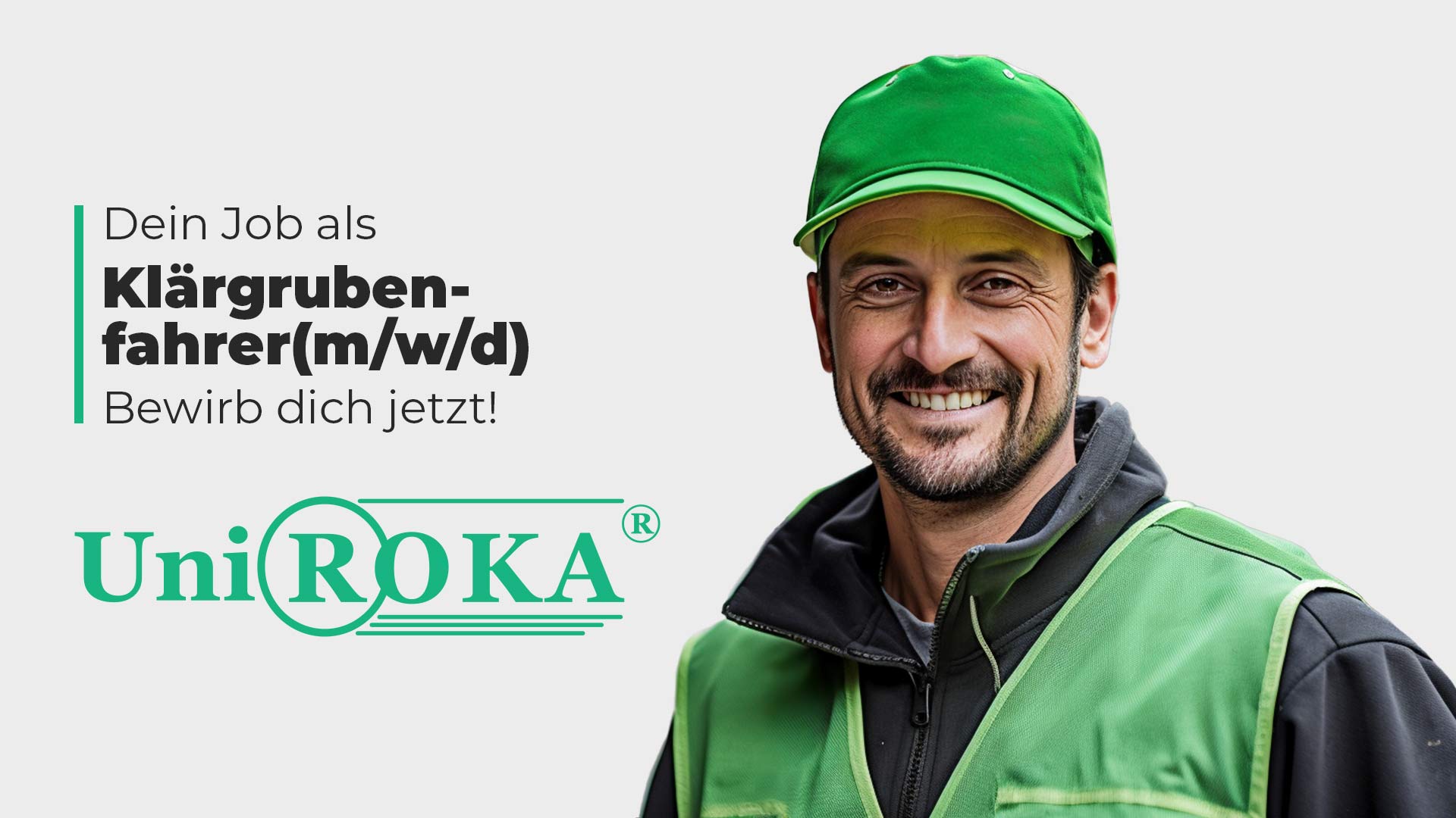 Zu sehen ist ein Handwerker mit grüner Jacke, Stellenanzeige für einen Job als Klärgrubenfahrer (m/w/d) bei Uni Roka Rostock